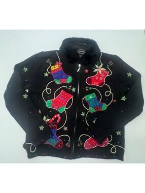 Vtg DESIGNERS ORIGINALS STUDIO Ugly Christmas Sweater Fur Collar Zip Up PetiteS